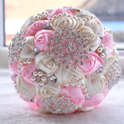 Wedding Holding Pearl Diamond Flowers Bridal Bouquet Accessories Bridesmaid Rhinestone Party Wedding Decoration Supplies, Diameter: 20cm(Pink)-garmade.com