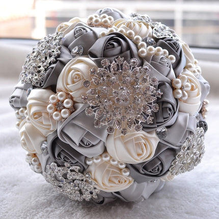 Wedding Holding Pearl Diamond Flowers Bridal Bouquet Accessories Bridesmaid Rhinestone Party Wedding Decoration Supplies, Diameter: 20cm(Grey)-garmade.com