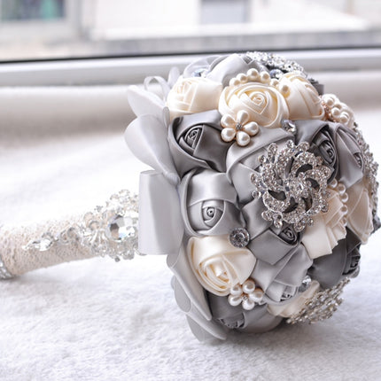 Wedding Holding Pearl Diamond Flowers Bridal Bouquet Accessories Bridesmaid Rhinestone Party Wedding Decoration Supplies, Diameter: 20cm(Grey)-garmade.com