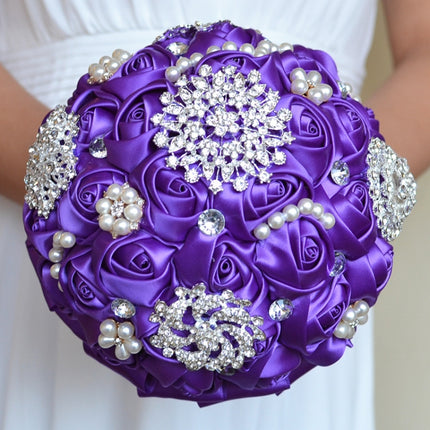 Wedding Holding Pearl Diamond Flowers Bridal Bouquet Accessories Bridesmaid Rhinestone Party Wedding Decoration Supplies, Diameter: 20cm(Purple)-garmade.com