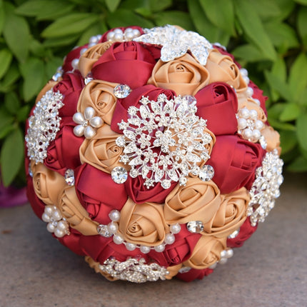 Wedding Holding Pearl Diamond Flowers Bridal Bouquet Accessories Bridesmaid Rhinestone Party Wedding Decoration Supplies, Diameter: 20cm(Red)-garmade.com