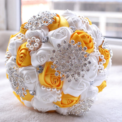 Wedding Holding Pearl Diamond Flowers Bridal Bouquet Accessories Bridesmaid Rhinestone Party Wedding Decoration Supplies, Diameter: 20cm(Yellow)-garmade.com