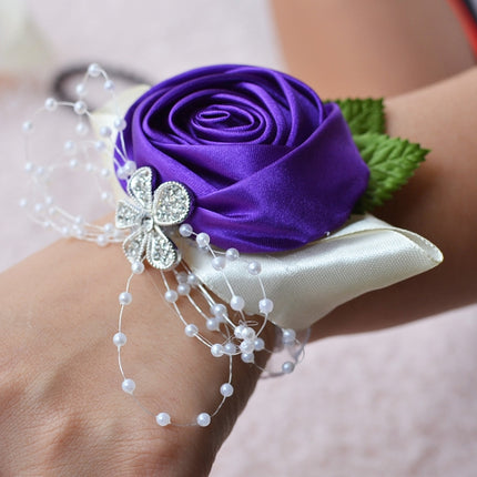 Handmade Wedding Bride Wrist Flower Boutonniere Bouquet Corsage Diamond Satin Rose Flowers-garmade.com