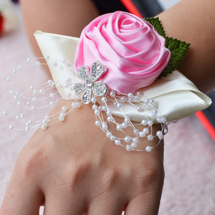 Handmade Wedding Bride Wrist Flower Boutonniere Bouquet Corsage Diamond Satin Rose Flowers(Pink)-garmade.com