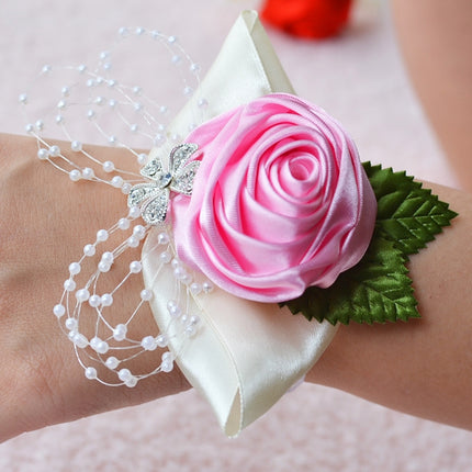 Handmade Wedding Bride Wrist Flower Boutonniere Bouquet Corsage Diamond Satin Rose Flowers(Pink)-garmade.com