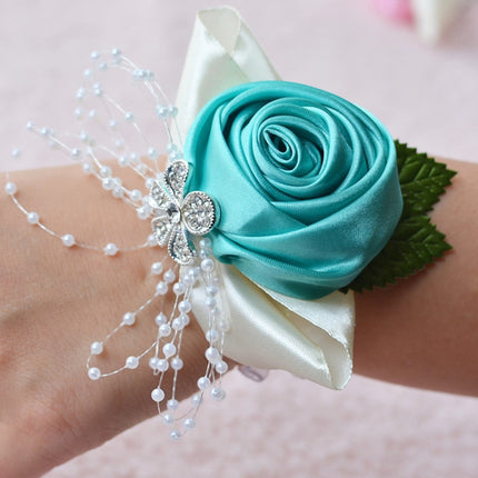 Handmade Wedding Bride Wrist Flower Boutonniere Bouquet Corsage Diamond Satin Rose Flowers(Green)-garmade.com