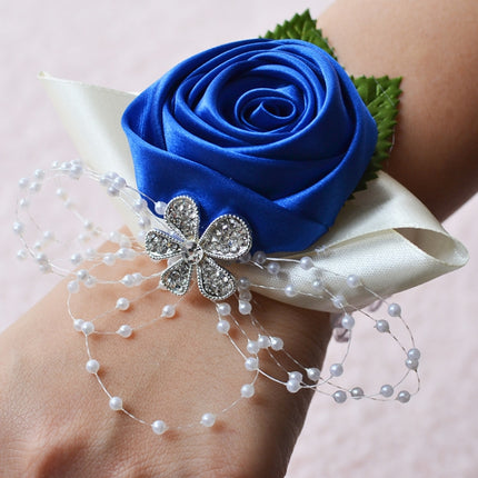 Handmade Wedding Bride Wrist Flower Boutonniere Bouquet Corsage Diamond Satin Rose Flowers(Blue)-garmade.com
