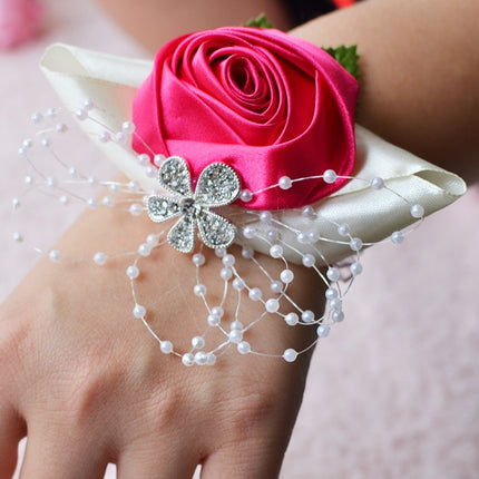 Handmade Wedding Bride Wrist Flower Boutonniere Bouquet Corsage Diamond Satin Rose Flowers(Magenta)-garmade.com