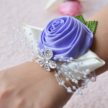 Handmade Wedding Bride Wrist Flower Boutonniere Bouquet Corsage Diamond Satin Rose Flowers(Purple)-garmade.com