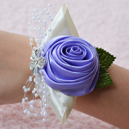 Handmade Wedding Bride Wrist Flower Boutonniere Bouquet Corsage Diamond Satin Rose Flowers(Purple)-garmade.com