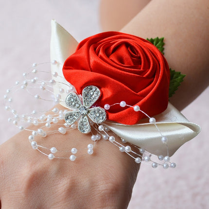 Handmade Wedding Bride Wrist Flower Boutonniere Bouquet Corsage Diamond Satin Rose Flowers(Red)-garmade.com