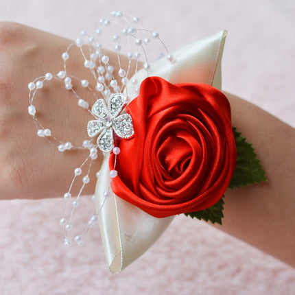 Handmade Wedding Bride Wrist Flower Boutonniere Bouquet Corsage Diamond Satin Rose Flowers(Red)-garmade.com