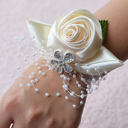 Handmade Wedding Bride Wrist Flower Boutonniere Bouquet Corsage Diamond Satin Rose Flowers(White)-garmade.com