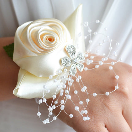 Handmade Wedding Bride Wrist Flower Boutonniere Bouquet Corsage Diamond Satin Rose Flowers(White)-garmade.com