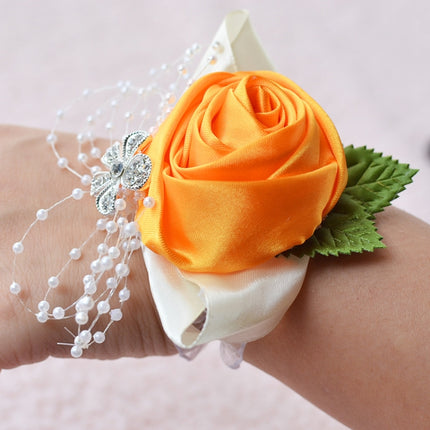Handmade Wedding Bride Wrist Flower Boutonniere Bouquet Corsage Diamond Satin Rose Flowers-garmade.com