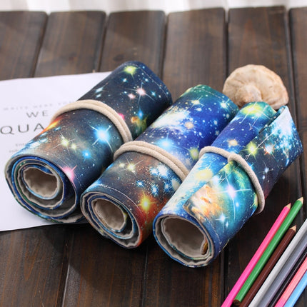 36 Slots Cosmic Galaxy Print Pen Bag Canvas Pencil Wrap Curtain Roll Up Pencil Case Stationery Pouch-garmade.com