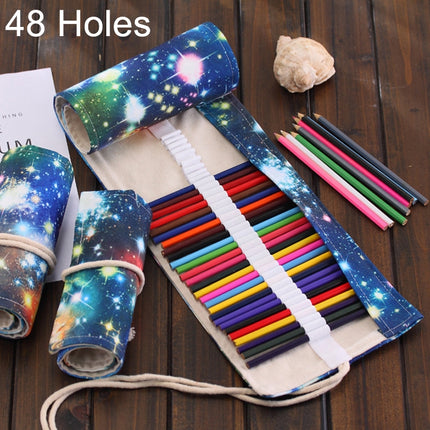 48 Slots Cosmic Galaxy Print Pen Bag Canvas Pencil Wrap Curtain Roll Up Pencil Case Stationery Pouch-garmade.com