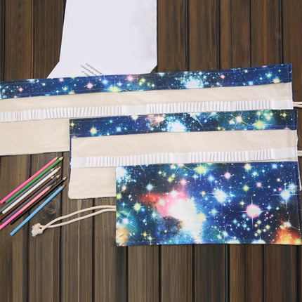 48 Slots Cosmic Galaxy Print Pen Bag Canvas Pencil Wrap Curtain Roll Up Pencil Case Stationery Pouch-garmade.com