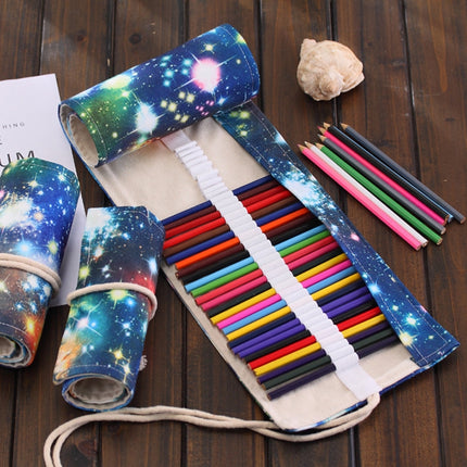 72 Slots Cosmic Galaxy Print Pen Bag Canvas Pencil Wrap Curtain Roll Up Pencil Case Stationery Pouch-garmade.com