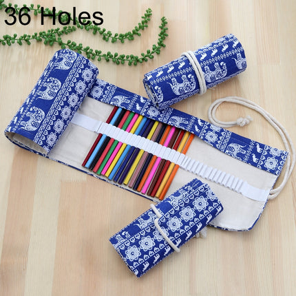 36 Slots Ethnic Elephant Print Pen Bag Canvas Pencil Wrap Curtain Roll Up Pencil Case Stationery Pouch-garmade.com