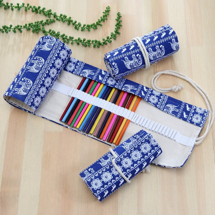 36 Slots Ethnic Elephant Print Pen Bag Canvas Pencil Wrap Curtain Roll Up Pencil Case Stationery Pouch-garmade.com