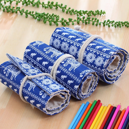 36 Slots Ethnic Elephant Print Pen Bag Canvas Pencil Wrap Curtain Roll Up Pencil Case Stationery Pouch-garmade.com