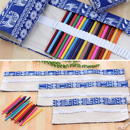48 Slots Ethnic Elephant Print Pen Bag Canvas Pencil Wrap Curtain Roll Up Pencil Case Stationery Pouch-garmade.com