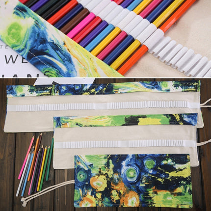 36 Slots Van Gogh Oil Painting Print Pen Bag Canvas Pencil Wrap Curtain Roll Up Pencil Case Stationery Pouch-garmade.com