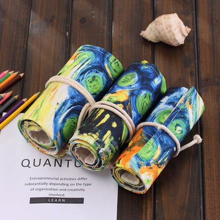36 Slots Van Gogh Oil Painting Print Pen Bag Canvas Pencil Wrap Curtain Roll Up Pencil Case Stationery Pouch-garmade.com