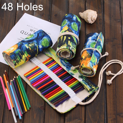 48 Slots Van Gogh Oil Painting Print Pen Bag Canvas Pencil Wrap Curtain Roll Up Pencil Case Stationery Pouch-garmade.com