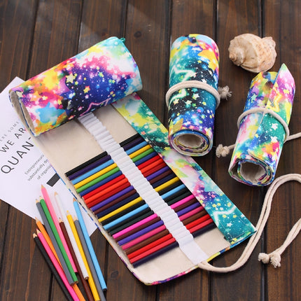 36 Slots Starry Sky Print Pen Bag Canvas Pencil Wrap Curtain Roll Up Pencil Case Stationery Pouch-garmade.com