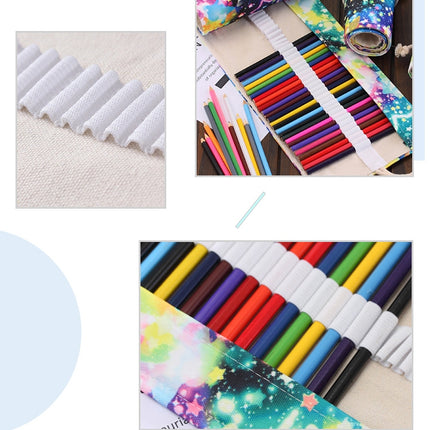 48 Slots Starry Sky Print Pen Bag Canvas Pencil Wrap Curtain Roll Up Pencil Case Stationery Pouch-garmade.com