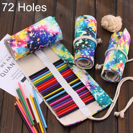 72 Slots Starry Sky Print Pen Bag Canvas Pencil Wrap Curtain Roll Up Pencil Case Stationery Pouch-garmade.com