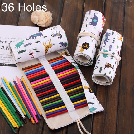 36 Slots Cartoon Animal Print Pen Bag Canvas Pencil Wrap Curtain Roll Up Pencil Case Stationery Pouch-garmade.com
