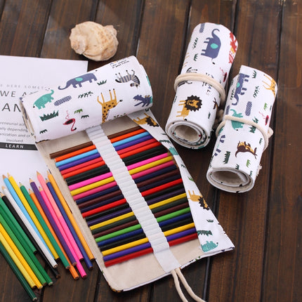 36 Slots Cartoon Animal Print Pen Bag Canvas Pencil Wrap Curtain Roll Up Pencil Case Stationery Pouch-garmade.com