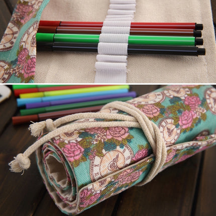 36 Slots Rose Clock Print Pen Bag Canvas Pencil Wrap Curtain Roll Up Pencil Case Stationery Pouch-garmade.com