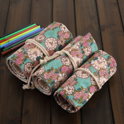 72 Slots Rose Clock Print Pen Bag Canvas Pencil Wrap Curtain Roll Up Pencil Case Stationery Pouch-garmade.com