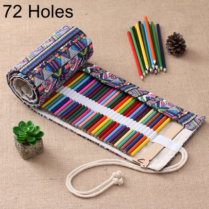 72 Slots Ethnic Print Pen Bag Canvas Pencil Wrap Curtain Roll Up Pencil Case Stationery Pouch-garmade.com
