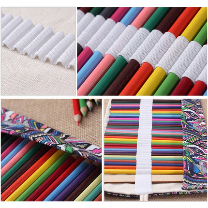 72 Slots Ethnic Print Pen Bag Canvas Pencil Wrap Curtain Roll Up Pencil Case Stationery Pouch-garmade.com