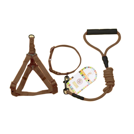 Pet Dog Collar + Harness + Leash Three Sets, M, Harness Chest Size: 43-67cm, Collar Neck Size: 33-52cm, Pet Weight: 15kg Below (Coffee)-garmade.com