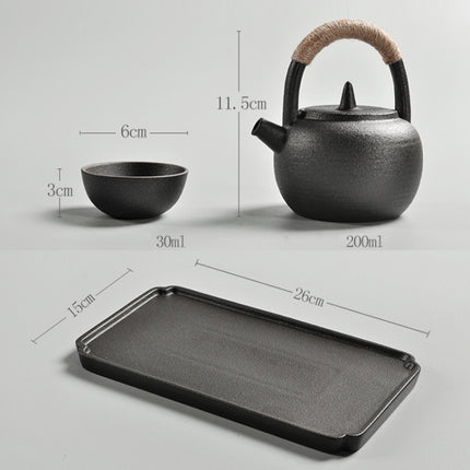 Portable Travel Ceramics Loop Handle Pot Teapot Teacup Set with Tea Tray(Black)-garmade.com