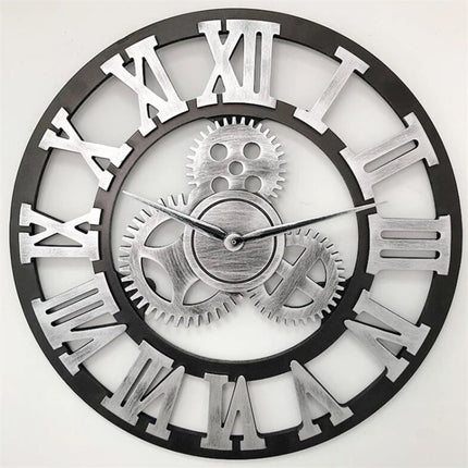 Retro Wooden Round Single-sided Gear Clock Rome Number Wall Clock, Diameter: 30cm(Silver)-garmade.com