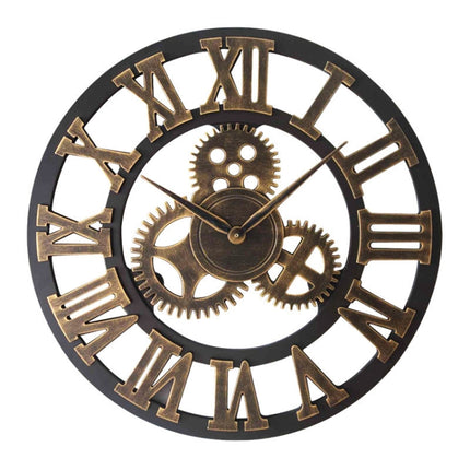 Retro Wooden Round Single-sided Gear Clock Rome Number Wall Clock, Diameter: 35cm(Gold)-garmade.com