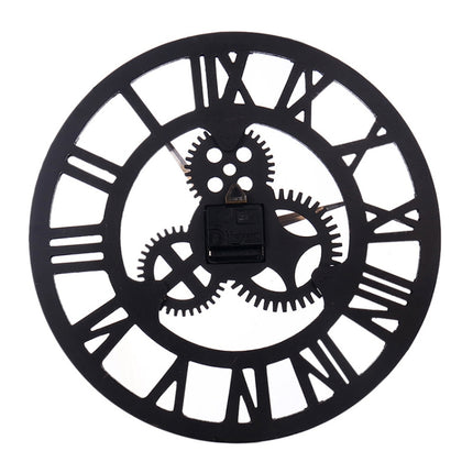 Retro Wooden Round Single-sided Gear Clock Rome Number Wall Clock, Diameter: 35cm(Gold)-garmade.com