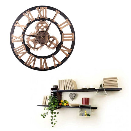 Retro Wooden Round Single-sided Gear Clock Rome Number Wall Clock, Diameter: 35cm(Gold)-garmade.com