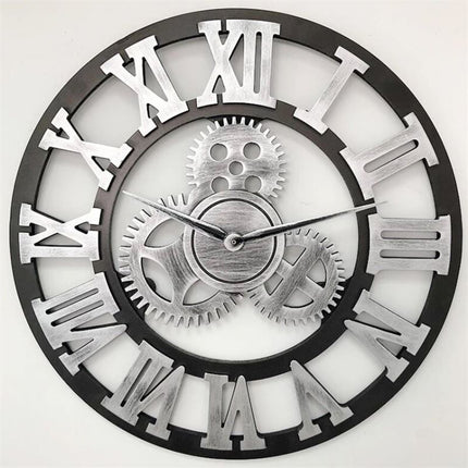 Retro Wooden Round Single-sided Gear Clock Rome Number Wall Clock, Diameter: 35cm(Silver)-garmade.com