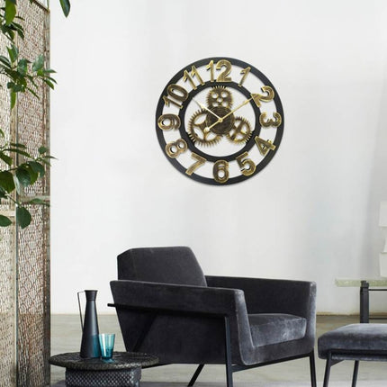 Retro Wooden Round Single-sided Gear Clock Number Wall Clock, Diameter: 40cm (Gold)-garmade.com