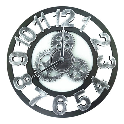 Retro Wooden Round Single-sided Gear Clock Number Wall Clock, Diameter: 40cm (Silver)-garmade.com