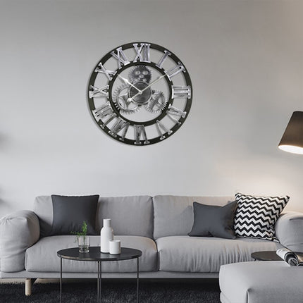 Retro Wooden Round Single-sided Gear Clock Rome Number Wall Clock, Diameter: 45cm (Silver)-garmade.com