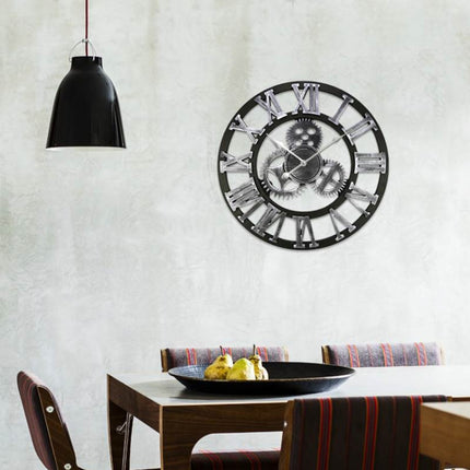 Retro Wooden Round Single-sided Gear Clock Rome Number Wall Clock, Diameter: 58cm (Silver)-garmade.com